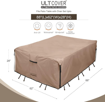 ULTCOVER Rectangular Patio Heavy Duty Table Cover - 600D Tough Canvas Waterproof Outdoor Dining Table and Chairs General Purpose Furniture Cover Size 88L x 62W x 28H inch