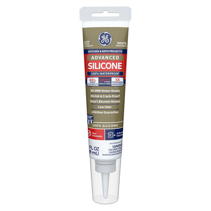 GE Advanced Silicone Caulk for Kitchen & Bathroom - 100% Waterproof Silicone Sealant, 5X Stronger Adhesion, Shrink & Crack Proof - 2.8 fl oz Tube, White, 1 Pack