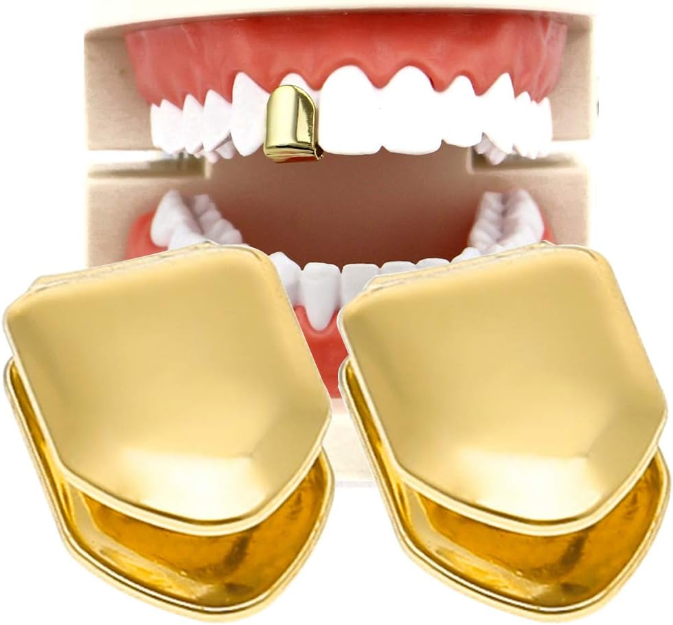 HuiYouHui 2 Pieces 14K Plated Gold Grillz Mouth Teeth, Hip Hop Teeth Plain, Top Tooth Single Grill Cap for Teeth Mouth, Party Accessories Teeth Grills (Color : Gold)