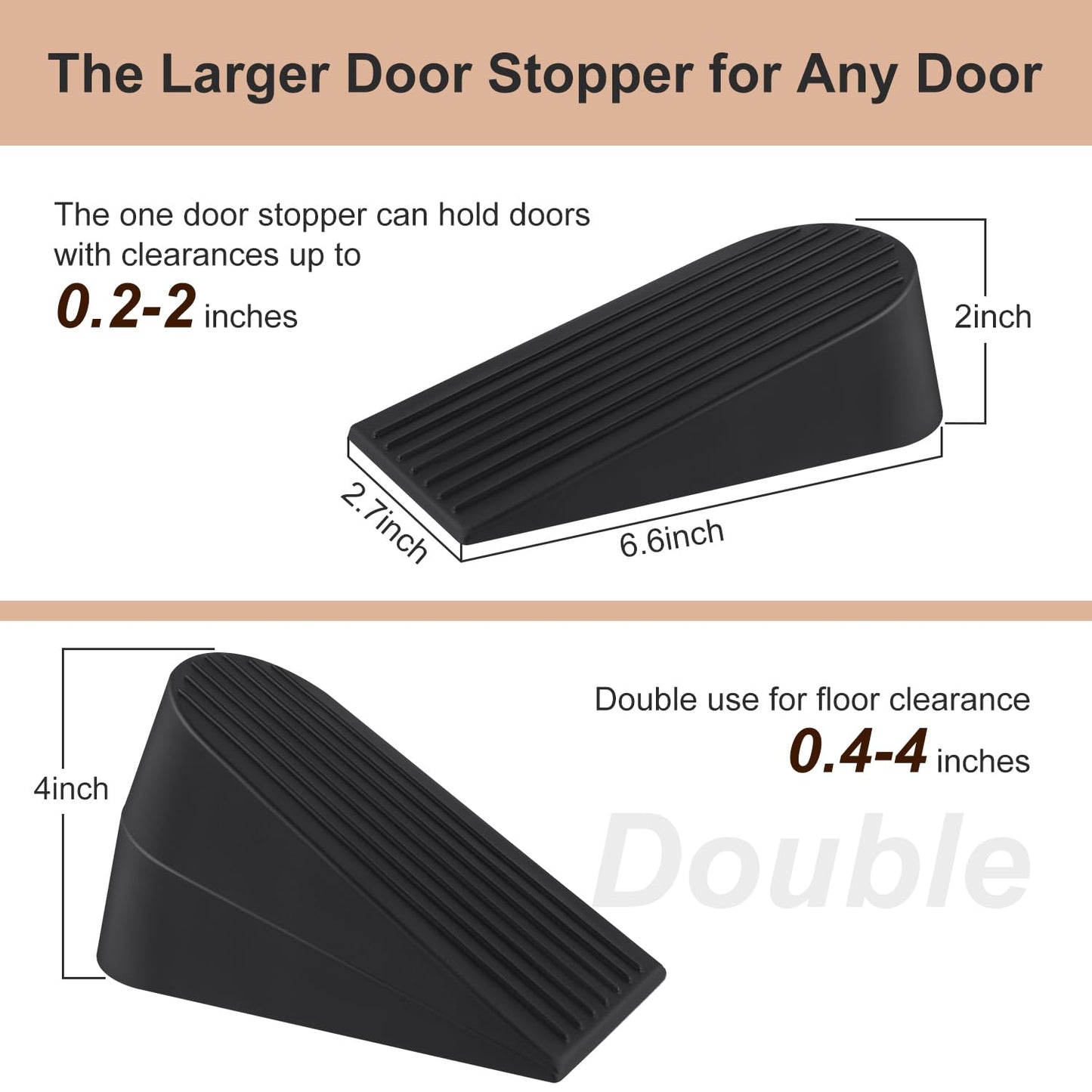 Door Stoppers for Bottom of Door on Floor, Premium Rubber Door Stopper Wedge, Floor Sturdy Stackable Door Stops for Carpet Heavy Duty Door, Door Gaps (Black, 2 Pack)