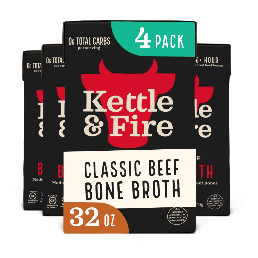 Kettle and Fire Classic Beef Bone Broth, Keto, Paleo, and Whole 30 Approved, Gluten Free, High in Protein and Collagen (6 Pack)