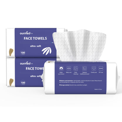 Ourmed Life Face Towels, Disposable Biodegradable Clean Facial Wash Cloth for Sensitive Skin, Lint- free Facial Tissue for Cleansing, Skincare and Makeup Remover, Dry Wipes,100 Count