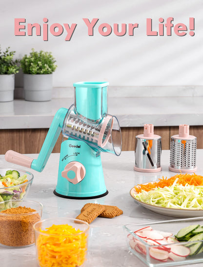 Geedel Rotary Cheese Grater, Kitchen Mandoline Vegetable Slicer with 3 Interchangeable Blades, Easy to Clean Grater for Fruit, Vegetables, Nuts