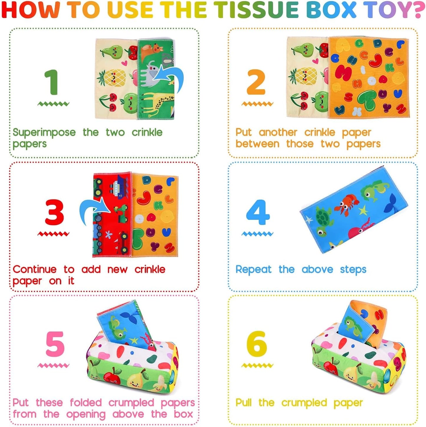 YOGINGO Baby Toys 6 to 12 Months - Tissue Box Toy Montessori for Babies 6-12 Months, Soft Stuffed High Contrast Crinkle Infant Sensory Toys, Boys&Girls Kids Early Learning Gifts