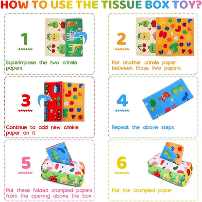 YOGINGO Baby Toys 6 to 12 Months - Tissue Box Toy Montessori for Babies 6-12 Months, Soft Stuffed High Contrast Crinkle Infant Sensory Toys, Boys&Girls Kids Early Learning Gifts