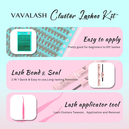 VAVALASH DIY Lash Extension Kit 280 Clusters Individual Lashes Kit 30D 40D 0.07D-10-16mm Lash Clusters, Lash Bond and Seal, Lash Tweezer for DIY Eyelash Extension at Home（Kit-30D+40D-0.07D-10-16MIX）