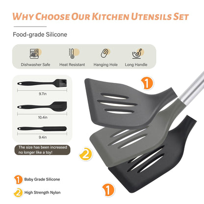 Kitchen Utensils Set, Hvygss Silicone Cooking Utensils Set, Stainless Steel Handle Silicone Spatula Set with Silicone Whisk, Tongs, Ladle, Scissors, Measuring Cups and Spoons Set (Khaki)