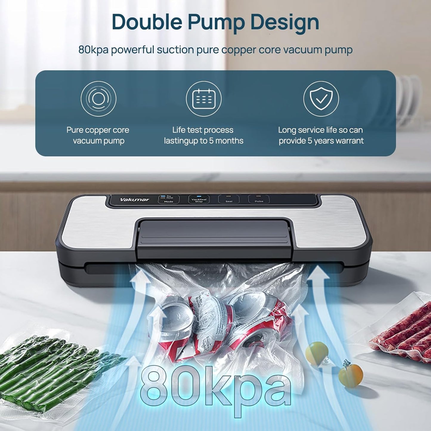 Vacuum Sealer Machine, 80Kpa Food Vacuum Sealer Machine with Double Pump, Dry,/Moist, Pulse Mode, Handle Locked Design, LED Indicator Light & Cutter,12MM Widened Heating Strip