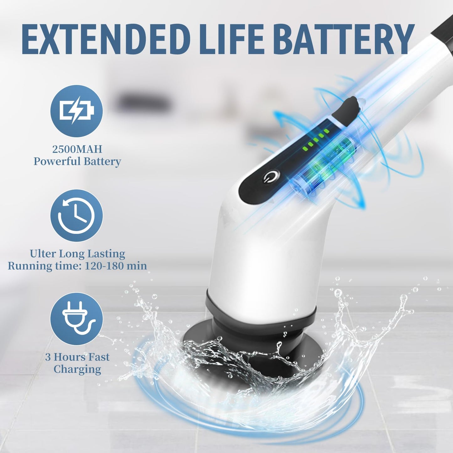 Cordless Electric Spin Scrubber, 380 RPM 30KG Non-Stalling 2 Speeds Power Bathroom Shower Cleaner, Ultra 3H Work Time Spin Cleaning Brush Supplies, 7 Heads for Bathtub Tile Floor Car Toilet