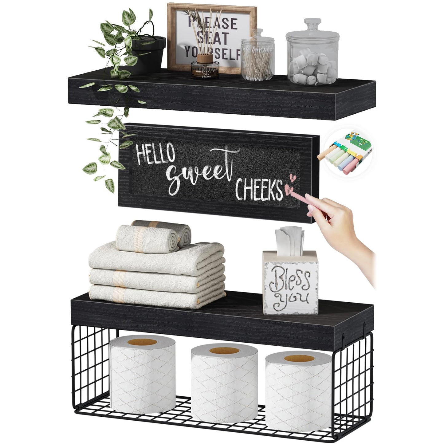 QEEIG ‎Bathroom Furniture Sets Shelves Over Toilet Paper Storage Wall Mounted Farmhouse Decor Decorations Aesthetic Décor Sign Small Floating Wall Shelf 2+1 Set 16 inch, Grey (020GY)