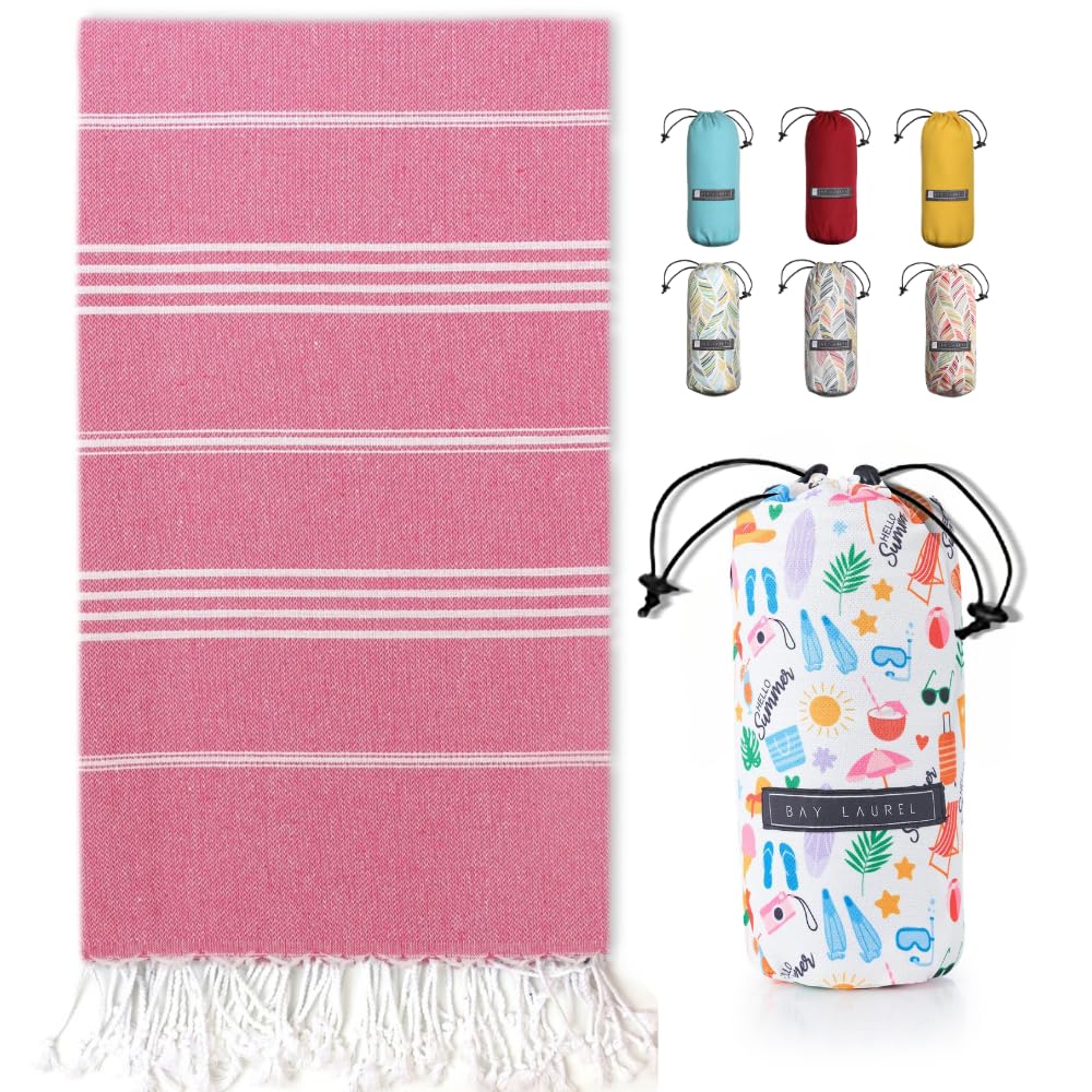 BAY LAUREL Turkish Beach Towel with Travel Bag 39 x 71 Quick Dry Sand Free Lightweight Large Oversized Towels Light