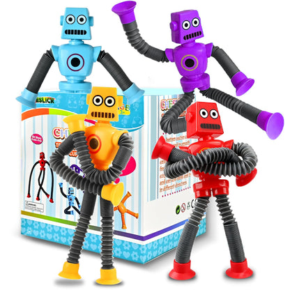 Autism Sensory Toys for Kid Boys Year Old Ages 4 5 6 7 8 9 10(4PCS), Suction Robot Toy Pop Tube Fidget Toys Autistic Travel Toys Valentine's Day Gift Easter Basket Stocking Stuffer for Kids