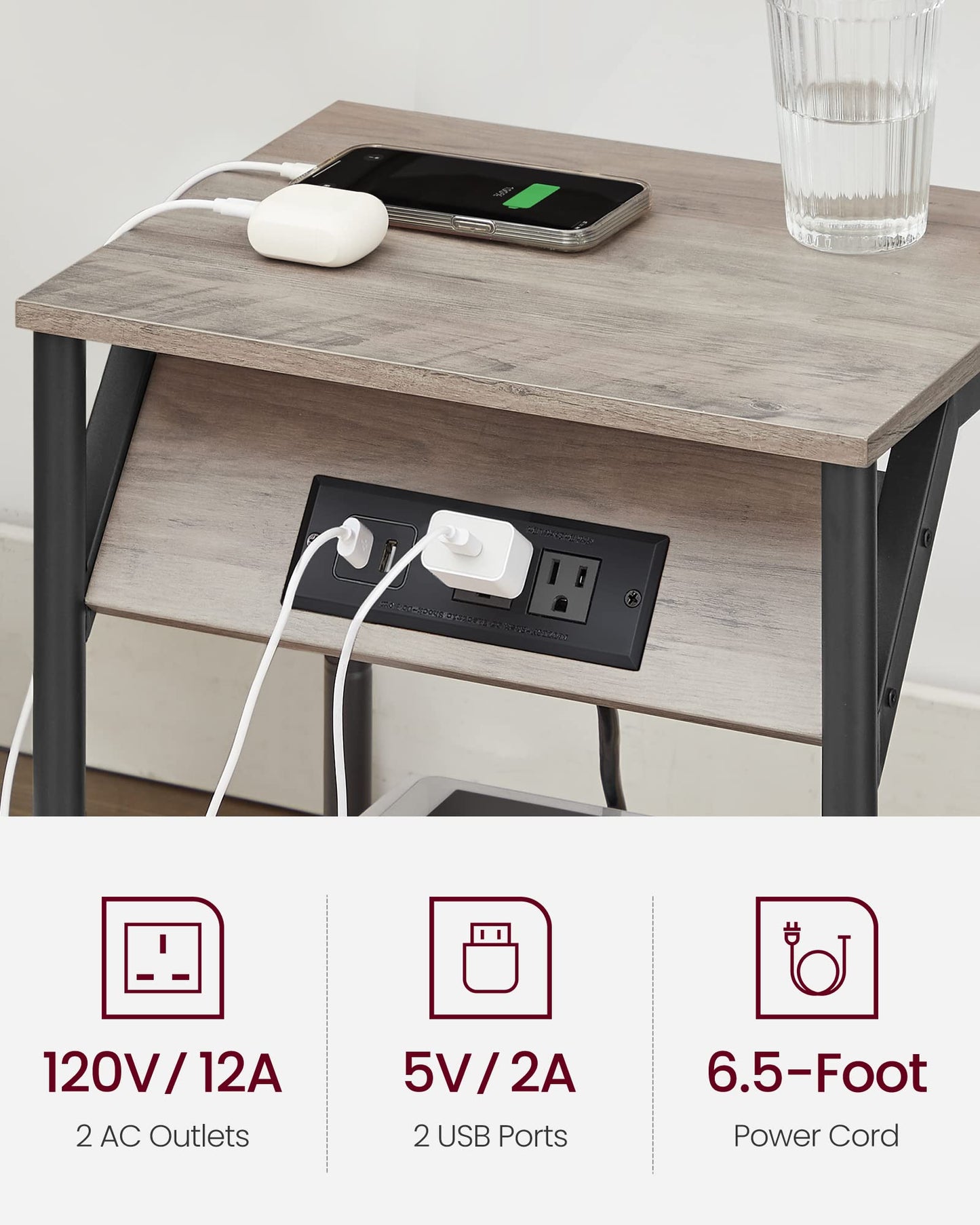 VASAGLE End Table with Charging Station, Set of 2, Small Side Tables for Living Room, Bedroom, Nightstand with Outlets and USB Ports, Bedside Table with Storage Shelf, Chestnut Brown and Black