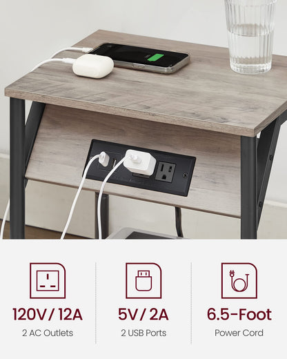 VASAGLE End Table with Charging Station, Set of 2, Small Side Tables for Living Room, Bedroom, Nightstand with Outlets and USB Ports, Bedside Table with Storage Shelf, Chestnut Brown and Black