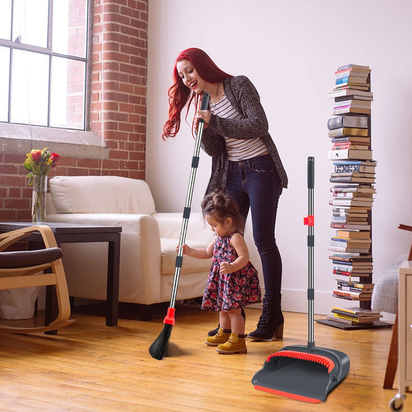 kelamayi Upgrade Broom and Dustpan Set, Large Size and Stiff Broom Dust pan with Long Handle, Upright,Ideal for Indoor Outdoor Garage Kitchen Room Office Lobby Use (Green)