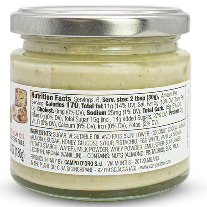 Pistachio Nut Butter Sweet Cream, 6.35 oz (180g), Sweet Sicilian Pistachio Cream Spread, Spreadable, Mix Well After Openiong,Pistachios from Sicily, Italy, No Palm Oil, Campo D'Oro