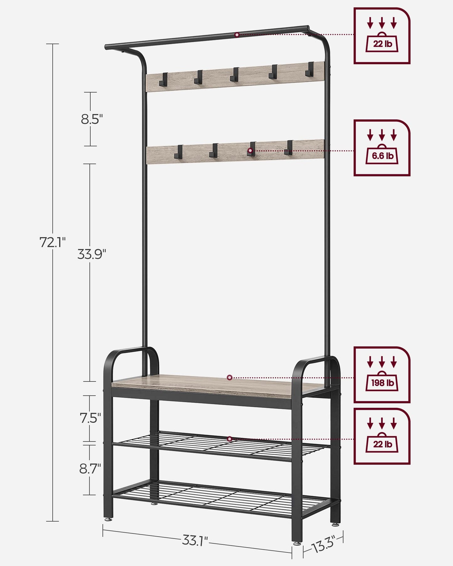 VASAGLE Coat Rack, Hall Tree with Shoe Bench for Entryway, Entryway Bench with Coat Rack, 4-in-1, with 9 Removable Hooks, a Hanging Rod, 13.3 x 28.3 x 72.1 Inches, Honey Brown and Black UHSR040B05