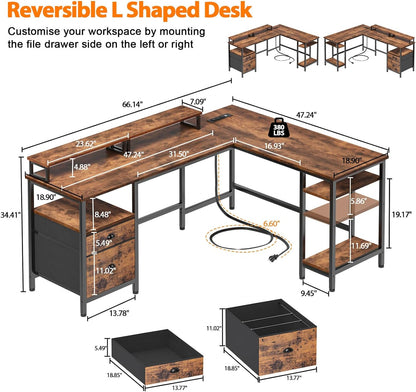 Furologee 66” L Shaped Desk with Power Outlet, Reversible Computer Desk with File Drawer & 2 Monitor Stands, Home Office Desk with Storage Shelves, Corner Desk for Gaming Writing, Rustic Brown