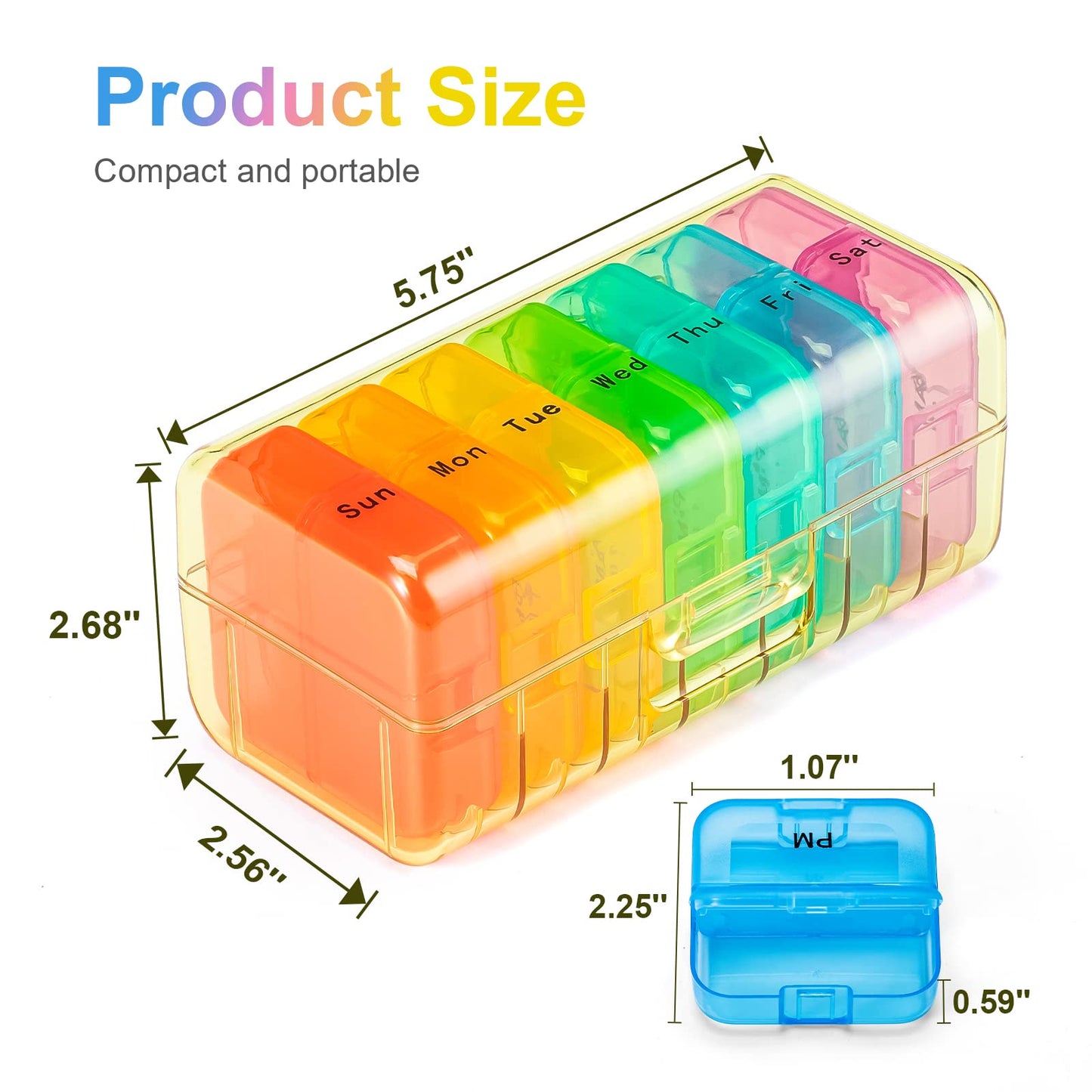 Zoksi Weekly Pill Organizer 2 Times a Day, Rainbow 7 Day Pill Box, Daily Am Pm Pill Organizer, Portable Case for Fish Oils, Vitamin, Supplement