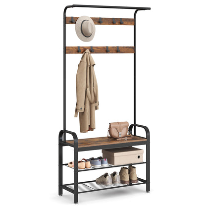 VASAGLE Coat Rack, Hall Tree with Shoe Bench for Entryway, Entryway Bench with Coat Rack, 4-in-1, with 9 Removable Hooks, a Hanging Rod, 13.3 x 28.3 x 72.1 Inches, Honey Brown and Black UHSR040B05