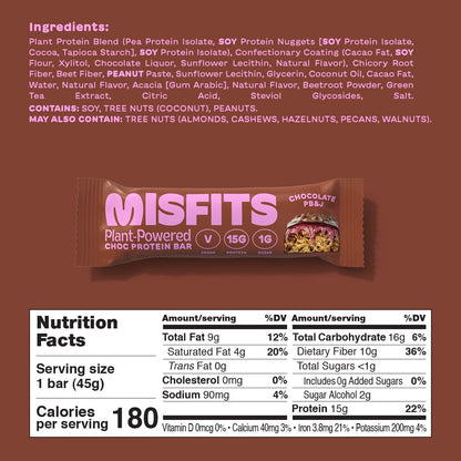 Misfits Vegan Protein Bar, Variety Pack, Plant Based Chocolate Protein Bars, High Protein Snacks for Adults with 15g Plant Protein Per Bar, Low Carb, 1g Sugar, High Fiber, Healthy Snack Food, 12 Pack