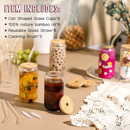 NETANY Drinking Glasses with Bamboo Lids and Glass Straw 4pcs Set - 16oz Can Shaped Glass Cups, Beer Glasses, Iced Coffee Glasses, Cute Tea Cup, Ideal for Cocktail, Whiskey, Gift - 2 Cleaning Brushes