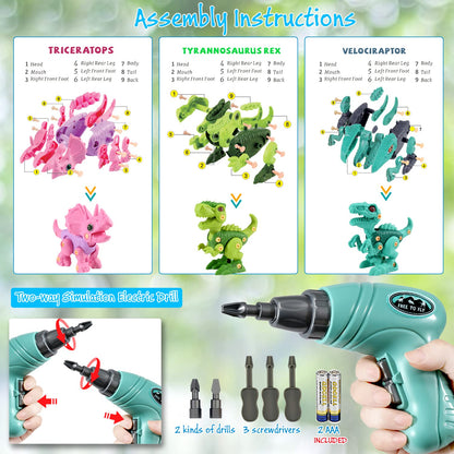 FREE TO FLY Kids Toys Stem Dinosaur Toy: Take Apart Toys for kids 3-5 Learning Educational Building Sets with Electric Drill Birthday Gifts for Toddlers Boys Girls Age 3 4 5 6 7 8 Year Old