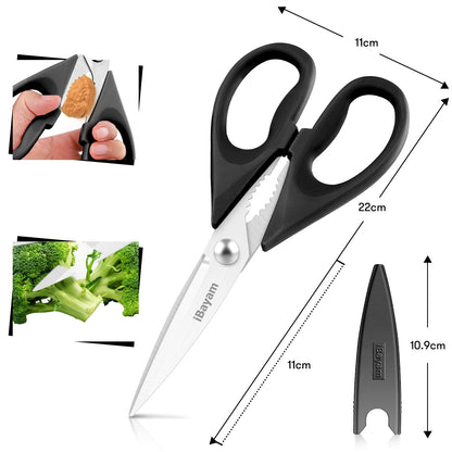 Kitchen Shears, iBayam Kitchen Scissors All Purpose Heavy Duty Meat Scissors Poultry Shears, Dishwasher Safe Food Cooking Scissors Stainless Steel Utility Scissors, 2-Pack, Black, Aqua Sky