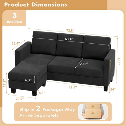 VICTONE Sectional Sofa Couch 3 seat L-Shaped Sectional Sofa with Linen Fabric Ottoman Small Couch for Small Apartments, Living Rooms and Offices (Declare, Deep Grey)