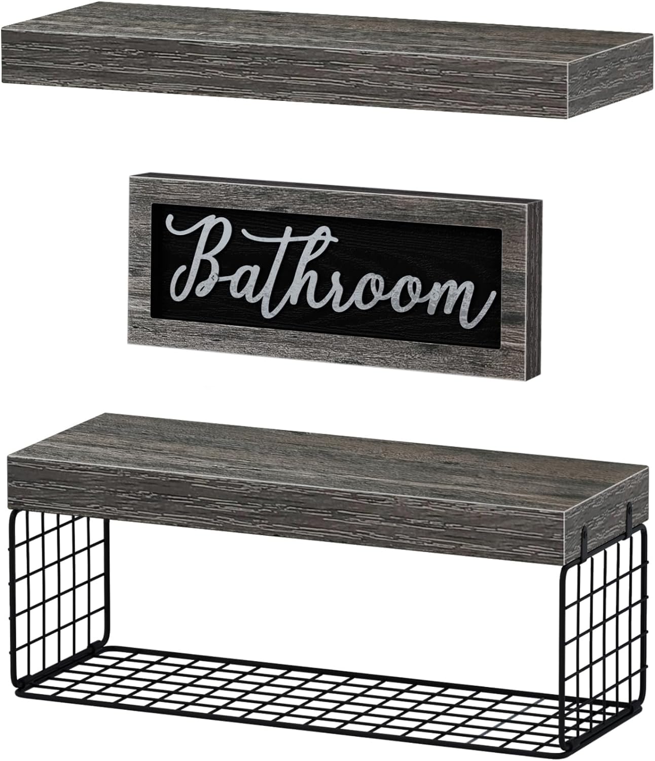 QEEIG ‎Bathroom Furniture Sets Shelves Over Toilet Paper Storage Wall Mounted Farmhouse Decor Decorations Aesthetic Décor Sign Small Floating Wall Shelf 2+1 Set 16 inch, Grey (020GY)