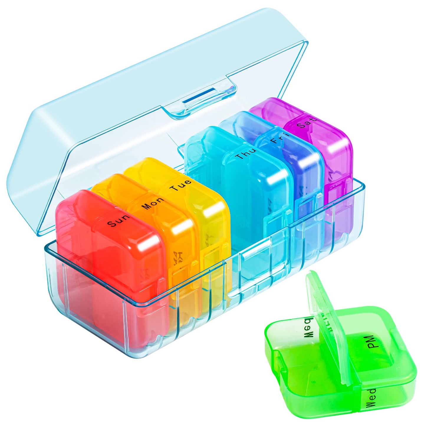 Zoksi Weekly Pill Organizer 2 Times a Day, Rainbow 7 Day Pill Box, Daily Am Pm Pill Organizer, Portable Case for Fish Oils, Vitamin, Supplement