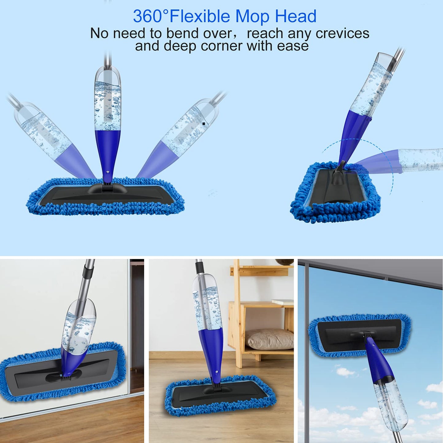 Spray Mop for Floor Cleaning with 3pcs Washable Pads - Wet Dry Microfiber Mop with 800 ml Refillable Bottle for Kitchen Wood Floor Hardwood Laminate Ceramic Tiles Floor Dust Cleaning