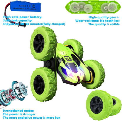 Threeking RC Stunt Cars Remote Control Car Double-Sided Driving 360-degree Flips Rotating Car Toy, Green