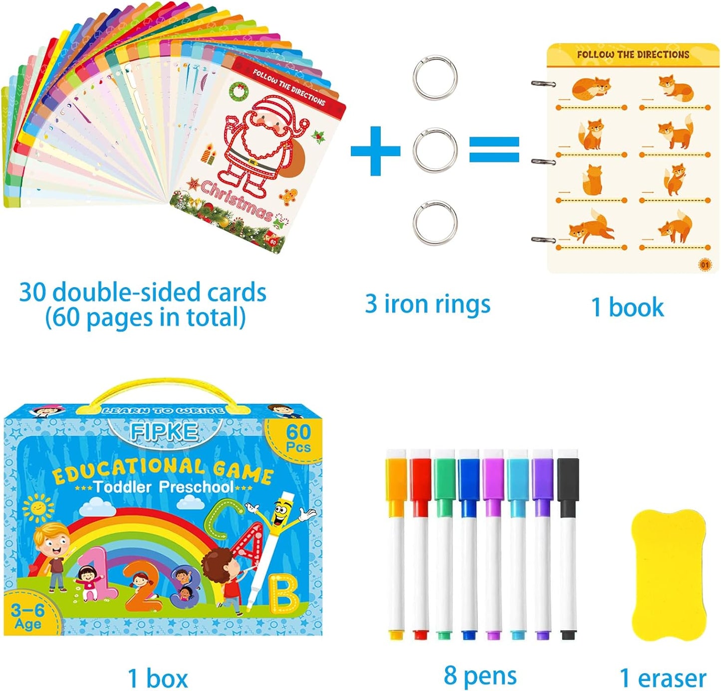 60 Pages Preschool Learning Activities Handwriting Practice Book for Kids, Educational Montessori Toys for 3 4 5 6 Year Old Kindergarten Learning Game Autism Materials Busy Book for Toddlers