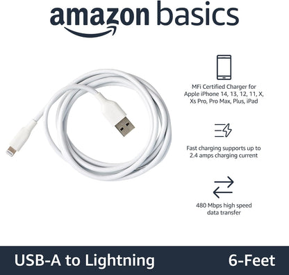 Amazon Basics 2-Pack USB-A to Lightning ABS Charger Cable, MFi Certified Charger for Apple iPhone 14 13 12 11 X Xs Pro, Pro Max, Plus, iPad, 6 Foot, White