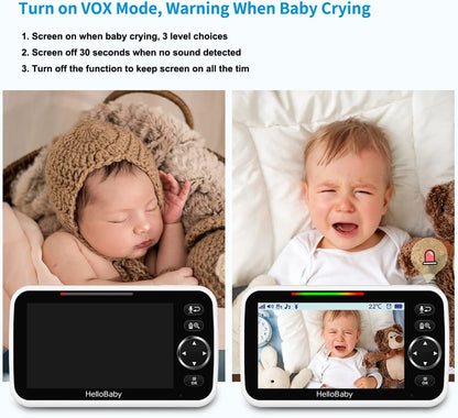 HelloBaby Upgrade Monitor, 5''Sreen with 30-Hour Battery, Pan-Tilt-Zoom Video Baby Monitor with Camera and Audio, Night Vision, VOX, 2-Way Talk, 8 Lullabies and 1000ft Range No WiFi