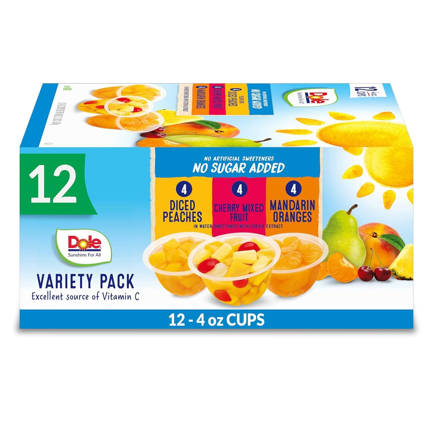 Dole Fruit Bowls No Sugar Added Variety Pack Snacks, Peaches, Mandarin Oranges & Cherry Mixed Fruit, 4oz 12 Cups, Gluten & Dairy Free, Bulk Lunch Snacks for Kids & Adults