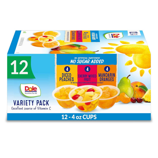 Dole Fruit Bowls No Sugar Added Variety Pack Snacks, Peaches, Mandarin Oranges & Cherry Mixed Fruit, 4oz 12 Cups, Gluten & Dairy Free, Bulk Lunch Snacks for Kids & Adults