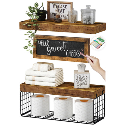 QEEIG ‎Bathroom Furniture Sets Shelves Over Toilet Paper Storage Wall Mounted Farmhouse Decor Decorations Aesthetic Décor Sign Small Floating Wall Shelf 2+1 Set 16 inch, Grey (020GY)