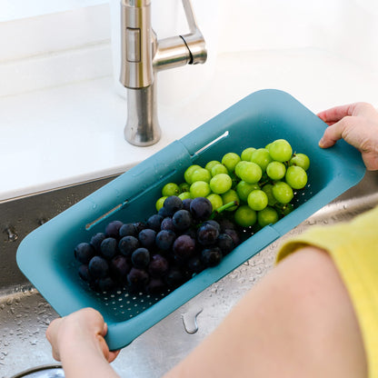 BLUE GINKGO Over the Sink Colander Strainer Basket - Wash Vegetables and Fruits, Drain Cooked Pasta and Dry Dishes - Extendable - New Home Kitchen Essentials (7.9 W x 14.5-19.5 L x 2.75 H) (Pink)