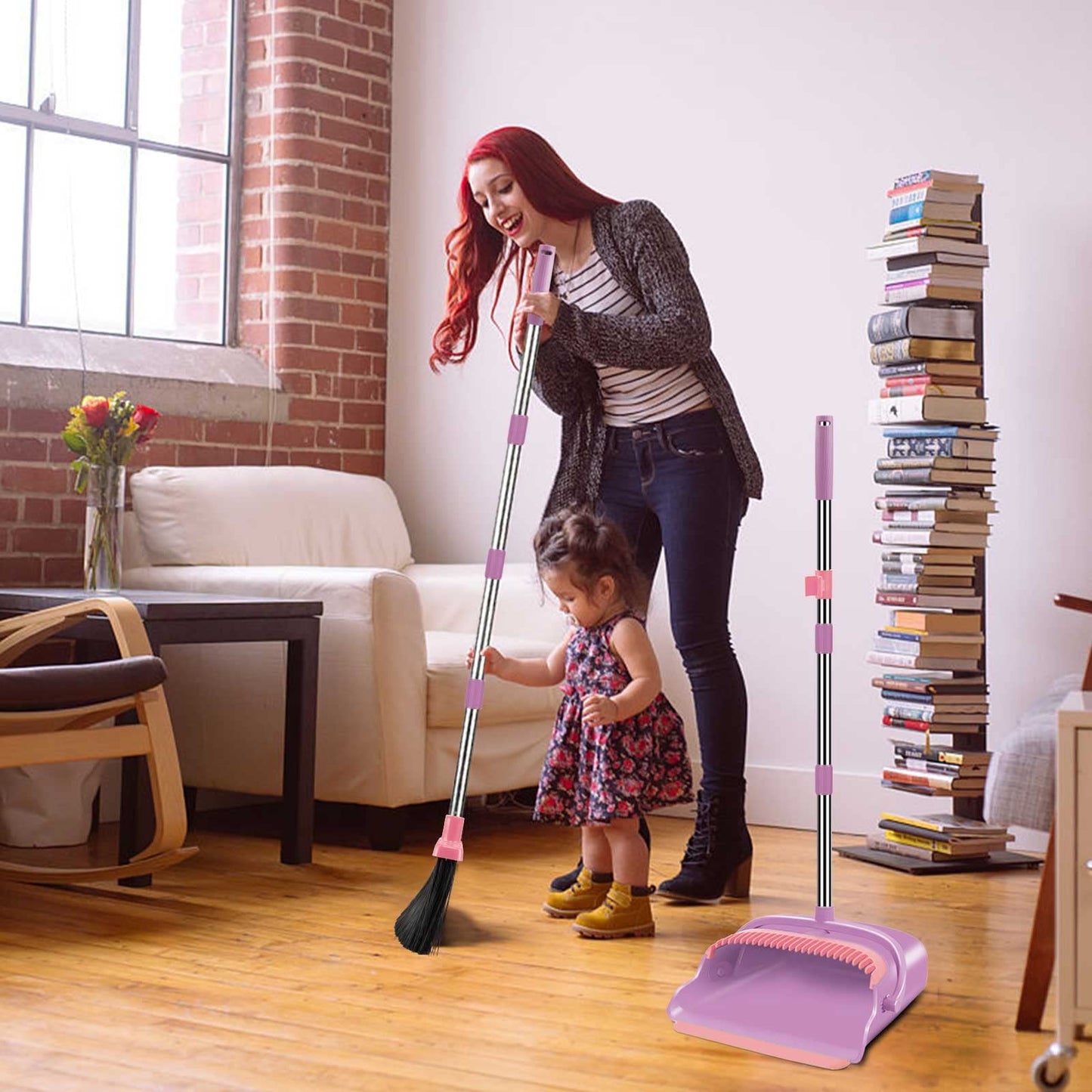 kelamayi Upgrade Broom and Dustpan Set, Large Size and Stiff Broom Dust pan with Long Handle, Upright,Ideal for Indoor Outdoor Garage Kitchen Room Office Lobby Use (Green)