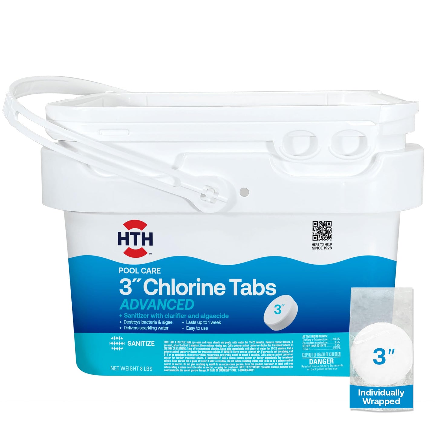 HTH 42052W Pool Care 3" Chlorine Tabs Advanced, Individually Wrapped Tablets - Swimming Pool Sanitizer with Clarifier & Algaecide, Destroys Bacteria & Algae, Delivers Clear Water All Season, 5 lbs