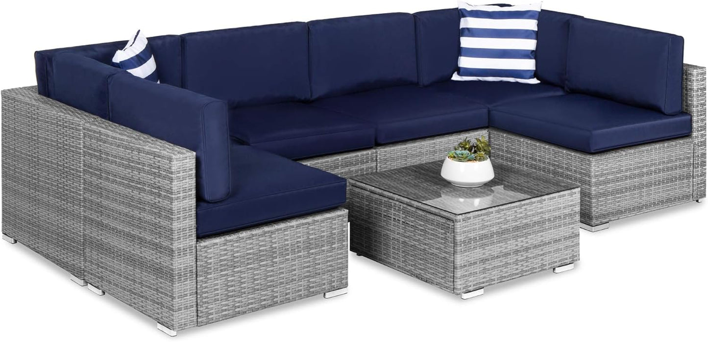 Best Choice Products 7-Piece Modular Outdoor Sectional Wicker Patio Conversation Set w/ 2 Pillows, Coffee Table, Cover Included - Gray/Navy