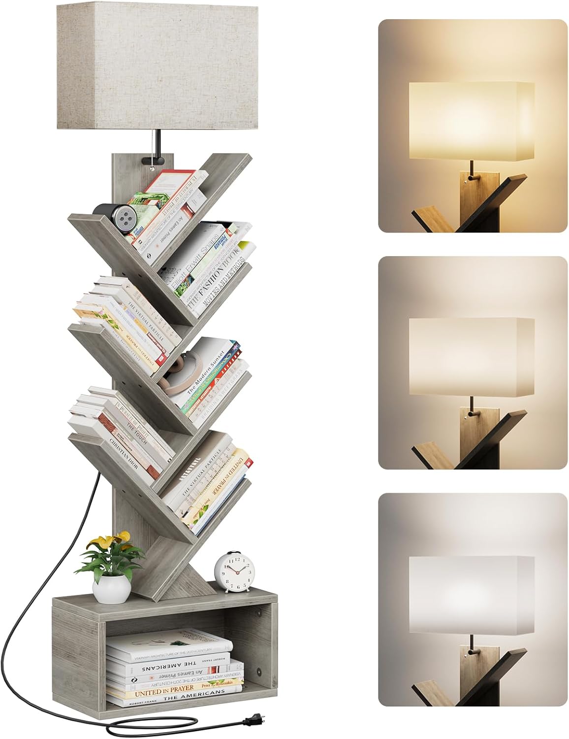 6 Tier Tree Bookshelf with Light, Small Bookcase Tower for Books/CDs/Movies, Sturdy Tall Floor Standing Book Organizer with Storage Cabinet for Living Room, Bedroom and Home Office, Gray