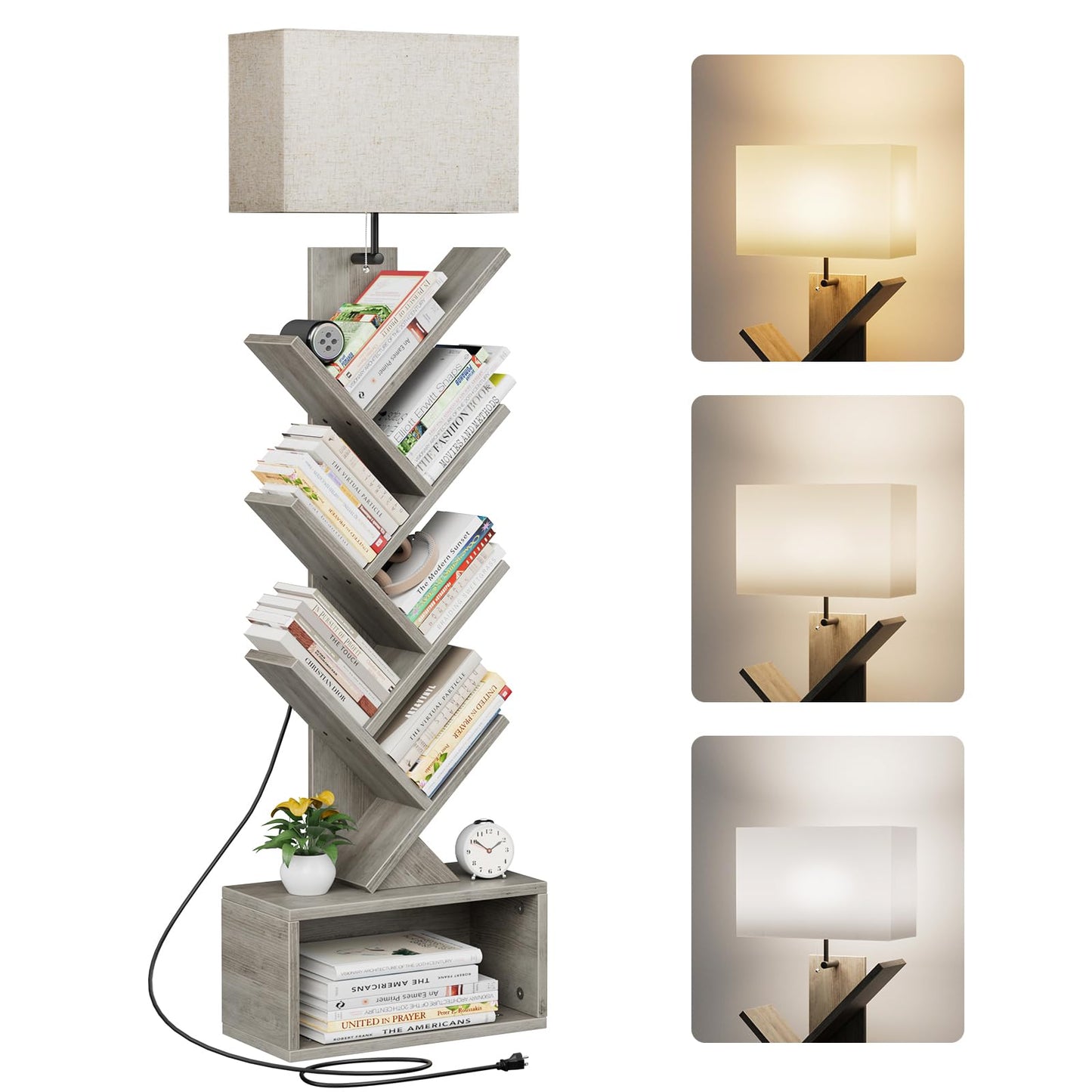 6 Tier Tree Bookshelf with Light, Small Bookcase Tower for Books/CDs/Movies, Sturdy Tall Floor Standing Book Organizer with Storage Cabinet for Living Room, Bedroom and Home Office, Gray