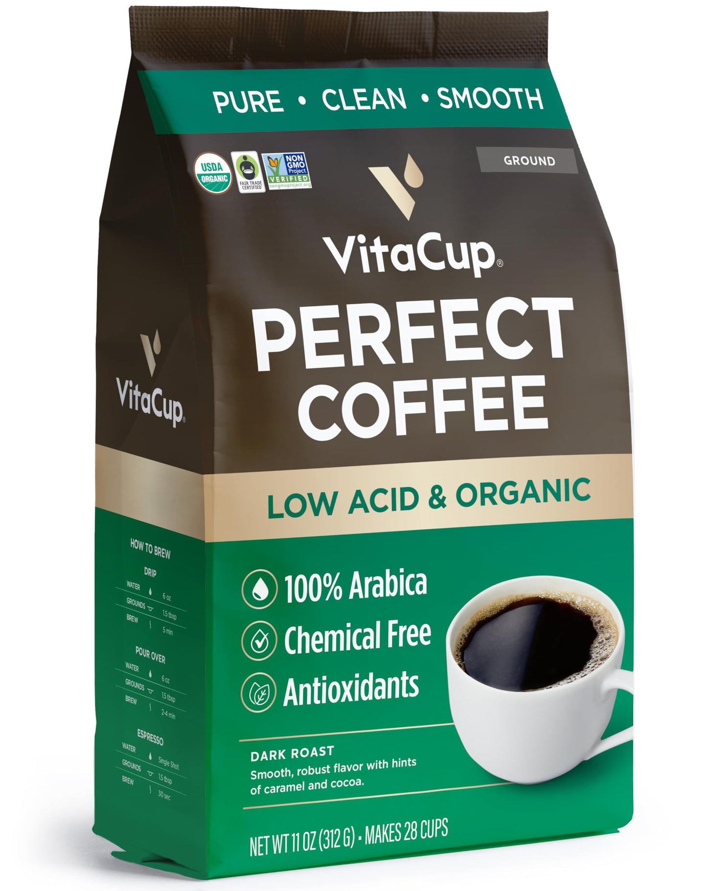 VitaCup Perfect Low Acid Coffee Ground, USDA Organic & Fair Trade, Mycotoxin Free, Dark Roast Guatemala Single Origin, Clean & Pure for Drip Coffee Brewers and French Press, 11 ounces