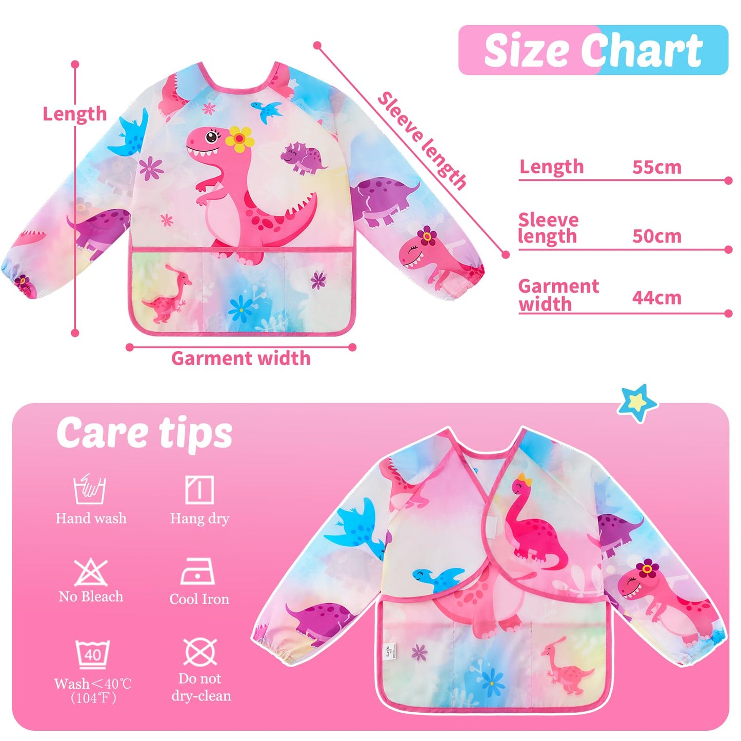 WERNNSAI Kids Art Smock - Kids Painting Aprons for Girls Waterproof Toddler Smock Painting with Long Sleeve 3 Pockets