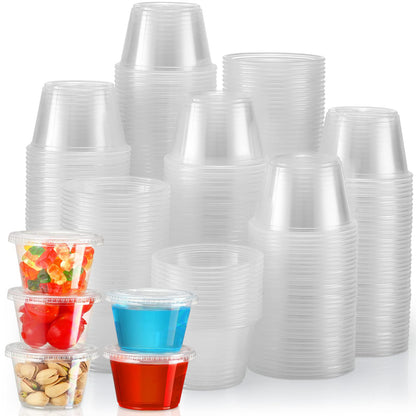 [130 Sets - 2 Oz ] Jello Shot Cups, Small Plastic Containers with Lids, Airtight and Stackable Portion Cups, Salad Dressing / Dipping Sauce Cups, Condiment Cups for Lunch, Party to Go, Trips