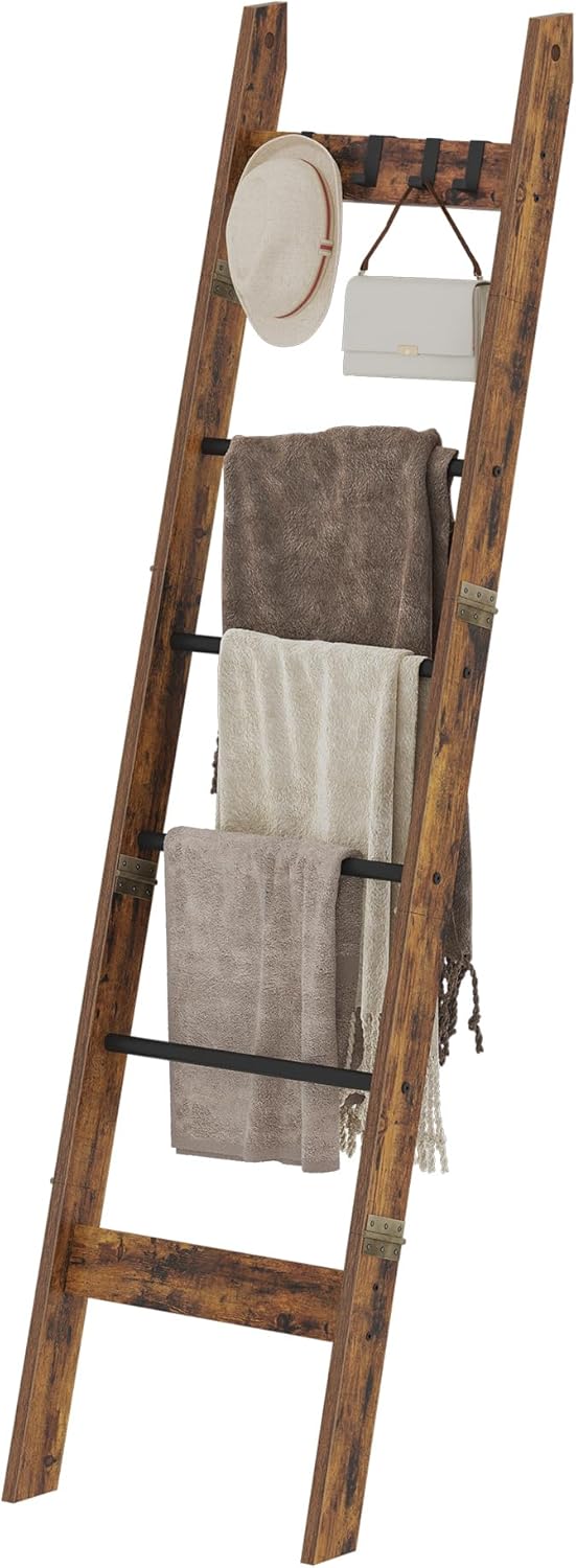 Blanket Ladder Shelf for Living Room, Decorative Quilt Rack with 4 Removable Hooks, 6-Tier Farmhouse Ladder Holder Organizer for Bedroom, Rustic Brown and Black BR31501B