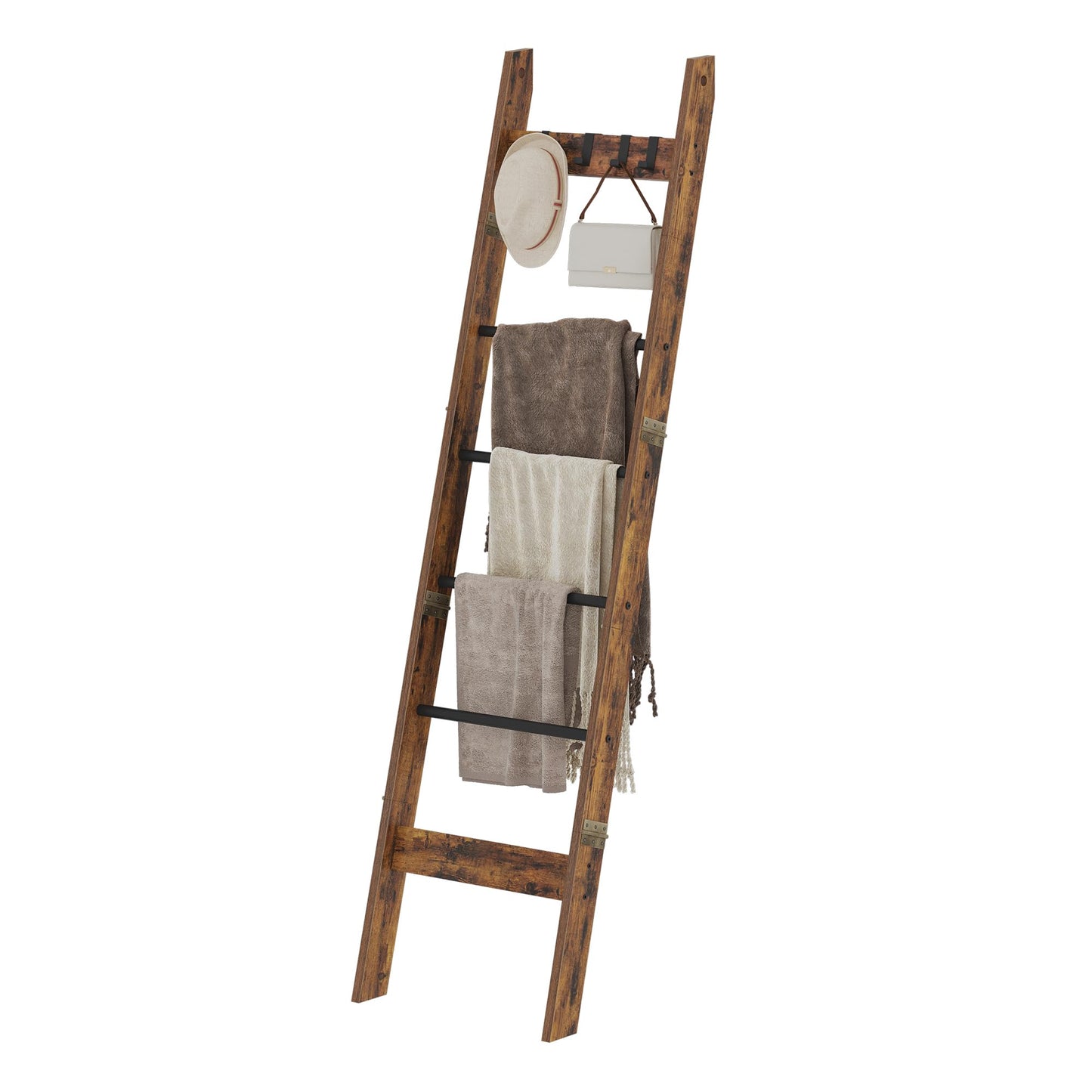 Blanket Ladder Shelf for Living Room, Decorative Quilt Rack with 4 Removable Hooks, 6-Tier Farmhouse Ladder Holder Organizer for Bedroom, Rustic Brown and Black BR31501B